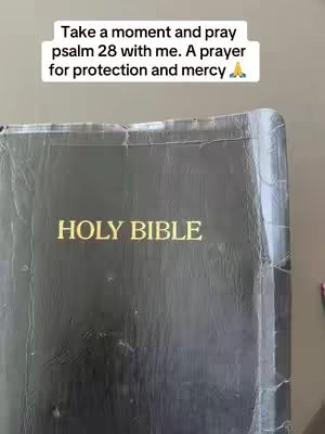 The cover image displays a closed, worn Holy Bible with gold lettering that spells "HOLY BIBLE". Above it, a white rectangle contains text. The text appears to be an invitation for viewers to share a moment of prayer.
