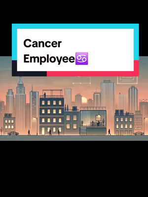 The cover image depicts a stylized cityscape at dusk or dawn. The main element is a text box with the words 'Cancer Employee' and the Cancer zodiac sign, with an illustration of a city in the background, showing buildings with lit windows and figures of people.