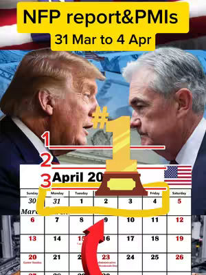 The cover image is a composite featuring two men possibly representing former US President Donald Trump and Jerome Powell, the current Chairman of the Federal Reserve, in a face-off. Overlaying the images is a trophy and a calendar highlighting the period from 31st March to 4th April, with a yellow highlighted box around Friday 4th, with a red arrow pointing towards a date. The top of the image has text that says "NFP report&PMIs 31 Mar to 4 Apr." suggesting anticipation of upcoming economic events. The overall layout is designed to catch attention by using bold colors and impactful imagery.