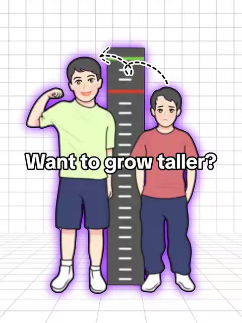 An illustration showing two cartoon boys next to a measuring stick. The boy on the left is flexing and smiling, while the boy on the right looks sad. The text overlay reads: 'Want to grow taller?'