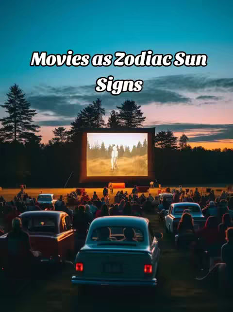 A dusk scene at a drive-in movie theater. A large screen displays an image, likely from a film, with a white figure centered. Cars are parked facing the screen with silhouettes of people in them.