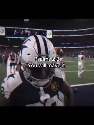 The image showcases an American football player wearing a Dallas Cowboys helmet facing the camera. Overlayed text displays a bible verse.