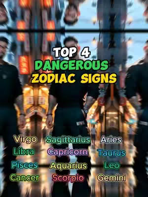 The cover image displays a man standing in a city setting, with a text overlay at the top that says "TOP 4 DANGEROUS ZODIAC SIGNS". Below, the image lists the zodiac signs in rows and columns. The background shows blurred lights and a cityscape.