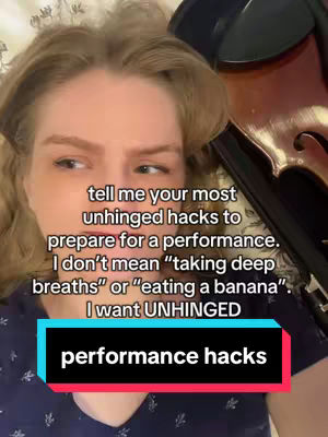 A woman with blonde hair lies down, looking slightly to the side with a thoughtful expression. The background appears to be a patterned blanket or sheet. The image has overlayed text. A violin is visible on the right side.