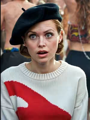 A woman with a surprised expression, wearing a black beret and a white sweater with a large red design. The background is blurred, suggesting a crowd or outdoor setting.