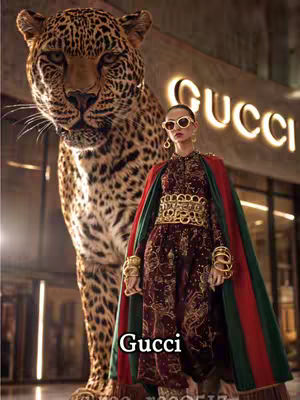 A fashion image features a woman standing in front of a Gucci storefront with a large leopard behind her. The woman is wearing sunglasses, gold jewelry, and a long dress with a cape. The overall aesthetic is luxury and high fashion.