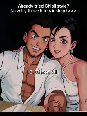 An anime-style image, featuring a couple depicted in a Dragon Ball style, hugging. The man is fair-skinned, wears a partly unbuttoned white shirt revealing his chest, and has a dark beard. The woman is fair-skinned, has black hair pulled back, and wears a white outfit with a necklace. Text overlays provide instructions and numbers in the top and botton area