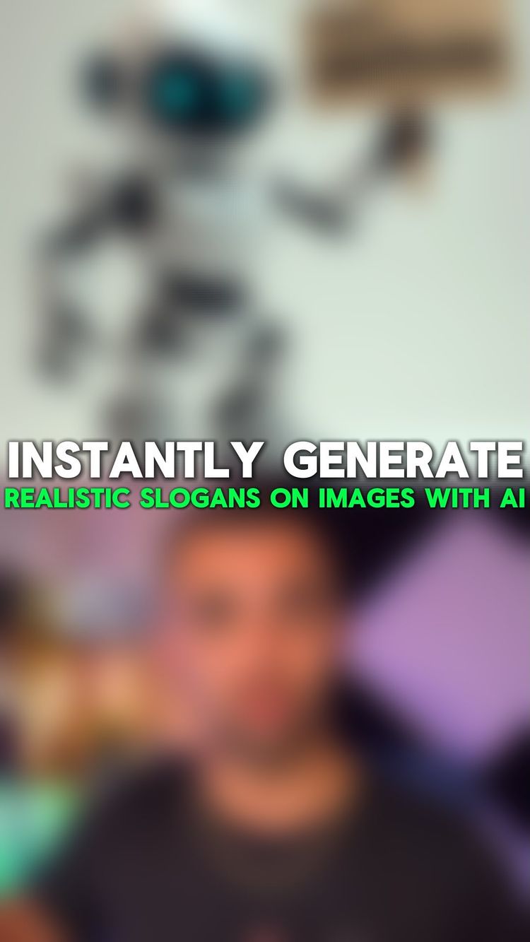 The cover image features a blurred background with a central figure of a metallic robot. Above the robot, on an off-white background, text overlay reads "INSTANTLY GENERATE REALISTIC SLOGANS ON IMAGES WITH AI". At the bottom, a blurry picture of a person in a black shirt appears.