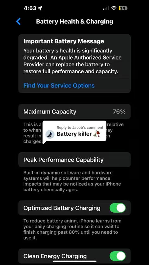 A screenshot of an iPhone's battery health settings, with a dialog bubble overlay. The screen displays information about battery health and charging, including a warning message about battery degradation, maximum capacity (76%), and options like optimized and clean energy charging. Overlay text shows a comment with a picture of an emoji of a person skiing and saying "Battery killer" with the rose emoji.