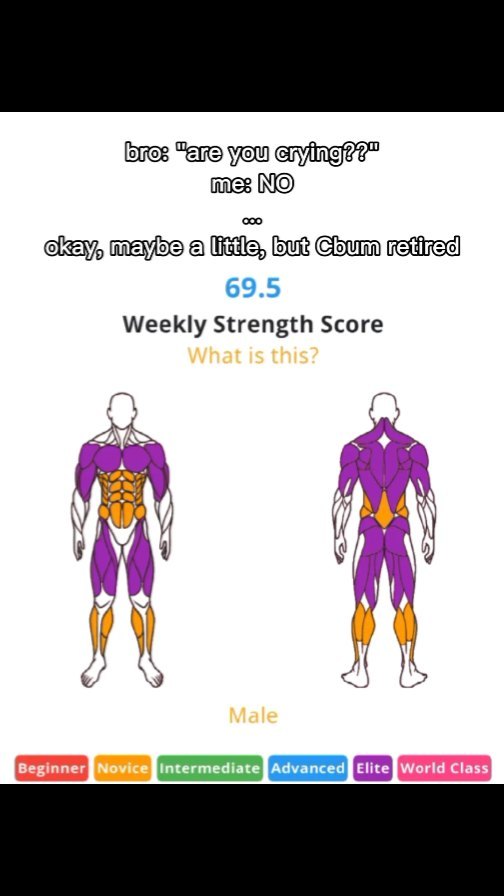 The cover image presents three sections: the top shows text dialogue with a sad emoji; the middle displays a muscle diagram with a score; and the bottom features a progress bar labeled 'Beginner' to 'World Class.' The design is minimalist with a white background, utilizing orange, violet, and green colors to highlight key details and sections of human anatomy.