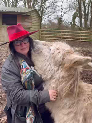 A woman wearing a red hat and glasses embraces a fluffy, light-colored animal, possibly a donkey or horse, outdoors. They are near a wooden structure and a fence, with trees in the background. The overall composition has soft lighting and a natural setting.