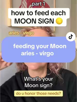 The cover image shows a person from the chest up, framed in a medium shot. The person is looking towards the camera. There are several text overlays, including "part 1," "how to feed each MOON SIGN," and "feeding your Moon aries - virgo." A digital clock icon with a musical note appears in the top-right corner.