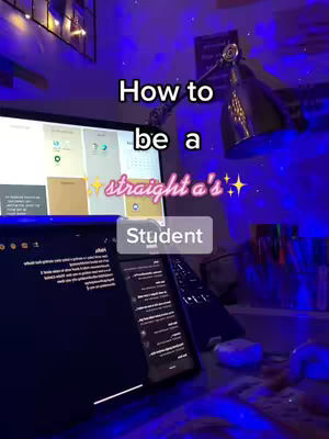 A dimly lit desk with a laptop, phone, and desk lamp. Text overlays say 'How to be a straight a's student' in a playful font.