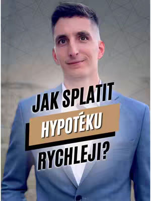 A medium shot features a man in a blue suit, centered against a blurred grey and white background. Text overlays at the bottom spell out the question, 'JAK SPLATIT HYPOTÉKU RYCHLEJI?' The man appears to be in his late 20s or early 30s, with short brown hair and a neutral expression. The overall composition is clean and focused on presenting the text as the prominent visual element.