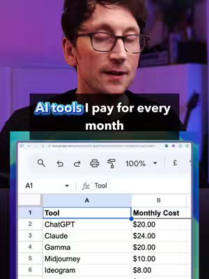 A man with glasses is in the foreground, speaking. Behind him, on a smaller window, a spreadsheet with the name of AI tools and their prices is shown.