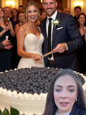A wedding scene with a bride and groom cutting a large, multi-layered cake topped with dark berries, with the creator's face in the foreground.
