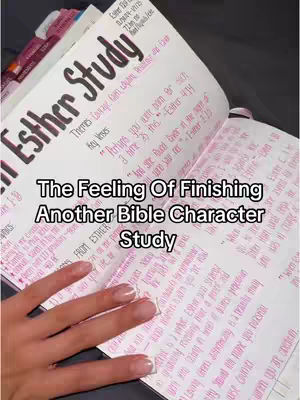 The cover image shows an open book with handwritten notes and highlights. The page is labeled 'Esther Study' and has key verses and themes noted. A hand with long fingernails is resting on the open pages of a bible.