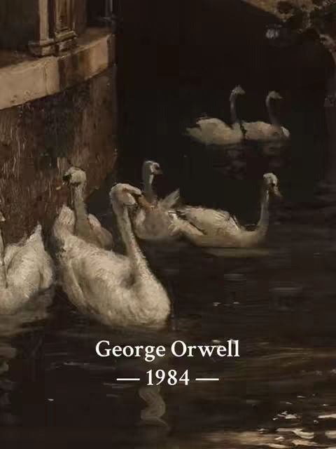 An artistic illustration of water featuring a view of swans swimming on a river. The foreground includes a group of swans near the edge, while in the background, a couple of swans are visible. The overall tone is dark and moody, with the words 'George Orwell — 1984 —' in white, at the bottom.