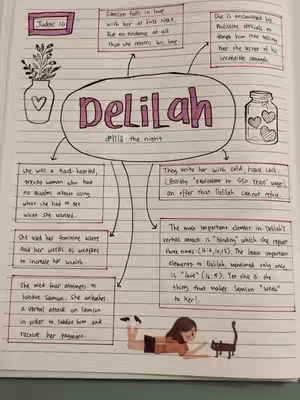 An open notebook with handwritten notes and illustrations on the biblical figure of Delilah, with a drawing of a figure lying on their stomach.