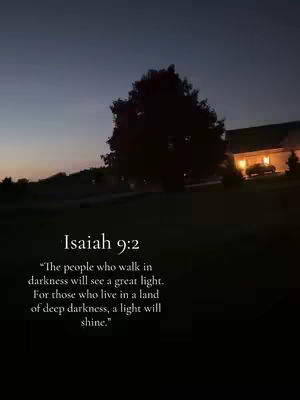 A nighttime landscape features a dark tree silhouette and a house with illuminated windows. Text overlays include a Bible verse with reference and quotation.
