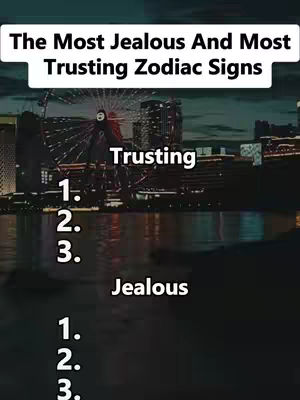 The cover image is a night scene with a ferris wheel and city skyline in the background. Overlaid are text elements listing "Trusting" and "Jealous", each followed by numbered lists. The overall layout is vertical, potentially designed for a phone screen, and contains text overlay to highlight the core message.
