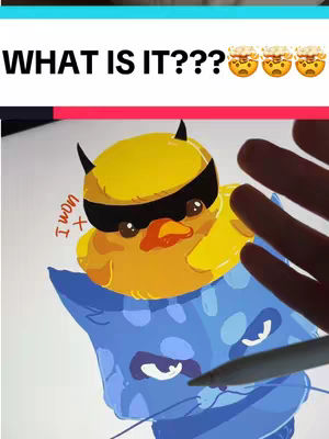 The image presents a digital drawing depicting two cartoon characters on a tablet screen. The foreground features a hand with fingers extended, using a stylus to interact with the drawing. Above the hand are the cartoon characters: a yellow bird character, wearing a black mask and a yellow collar, placed in front of a blue cat character. The background is a simple white color. The text overlay says, 'WHAT IS IT???', with surprised face emojis above.