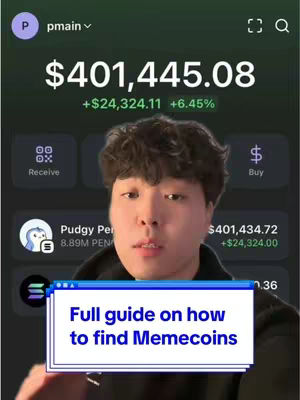 A man is the central figure in this cover image, positioned against a dark, blurred background. Overlayed on top is a text box containing the text 'Full guide on how to find Memecoins'. The man appears to be looking at the camera.