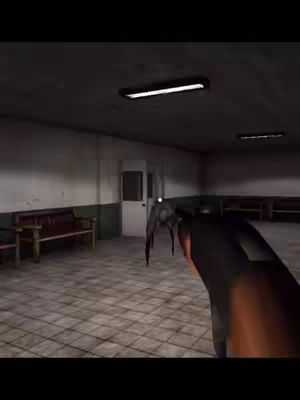 The image depicts a dimly lit interior, suggestive of a disturbing or suspenseful environment. The color palette leans heavily on dark tones, creating a sense of unease. The composition includes a door, benches, and a figure, likely a hostile creature, creating a threatening perspective, suggesting a horror or thriller theme.