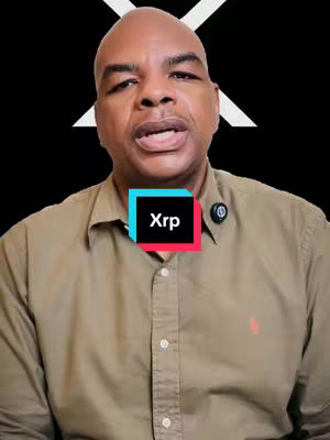 A man with a bald head and a brown shirt is centered in the frame. The background is a black, oversized X. A square text box with the word "Xrp" appears on the man's upper chest.