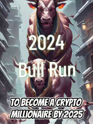 The cover image shows a stylized illustration of two bulls in a cityscape, depicting the crypto bull run theme, the words "2024 Bull Run" and "To Become a Crypto Millionaire By 2025" are overlaid on the image.