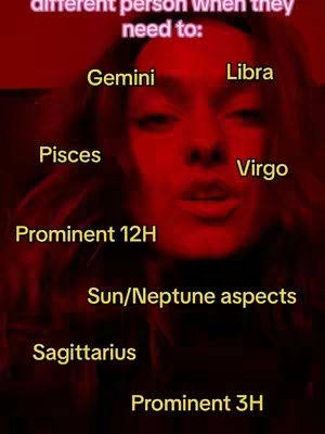 A close-up shot of a person's face, seen from the chest up, with a red overlay. The face is centered, with text labels near the upper right and scattered around the face, possibly indicating astrological signs. The overall tone is intense due to the red color and the close proximity of the image.