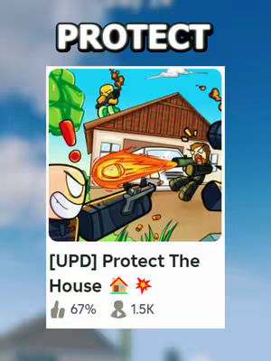 The image features a vibrant cartoonish scene set against a blue sky background with clouds. A central rectangular image contains elements of a game; a house being protected. At the top is text in a white, bold font that reads "PROTECT". Below a graphic that shows a house and a firework. The bottom area contains game statistics with thumb up and a number of people and the percentage.