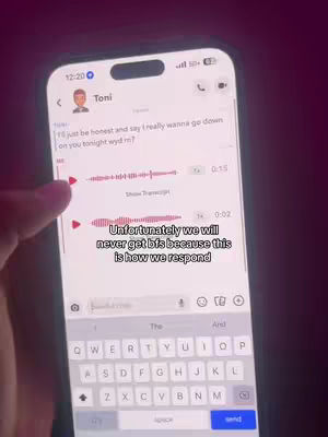 A smartphone screen displaying a text conversation. The top of the screen shows the sender's name and profile icon. The main part of the screen shows a text message with a voice message interface and a text message below. Texting keyboard at the bottom and partial hand in view