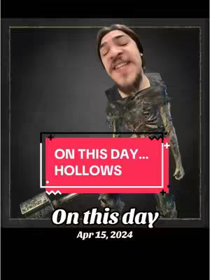 The cover image presents a vertical composition with a dark gray backdrop. A central figure is visible, appearing to be a person transformed into a skeletal, undead state, resembling a zombie from Dark Souls. Positioned slightly off-center to the right, the figure strikes a distorted, comical pose with the head enlarged and face showing an exaggerated expression. The text box in front of the character displays 'ON THIS DAY... HOLLOWS' in a pink and white design. Below this is text 'On this day' and 'Apr 15, 2024' in a smaller font on a black bar framed with white borders. The overall impression is a blend of gaming themes, historical content, and comedic touches.