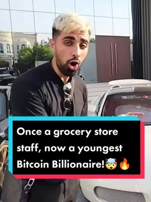 A man with light-blonde hair and a beard is the main subject, his mouth open in surprise in front of a partially visible car. A text overlay at the bottom states, 'Once a grocery store staff, now a youngest Bitcoin Billionaire!'