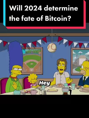 The cover image is a still from a cartoon, possibly The Simpsons, showing a family gathered around a dinner table. Text overlayed at the top reads, 'Will 2024 determine the fate of Bitcoin?' The scene has a warm, relaxed atmosphere.