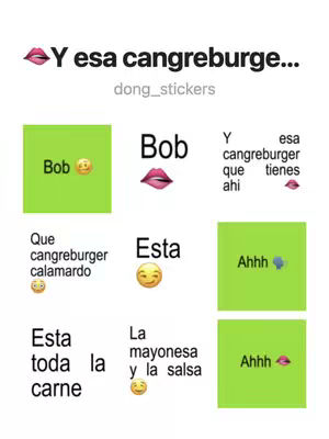 The cover image is a collage of stickers with text and emoticons. The upper part of the image has text in pink and white. The lower part contains text descriptions in white and various characters from SpongeBob SquarePants. The background is white.