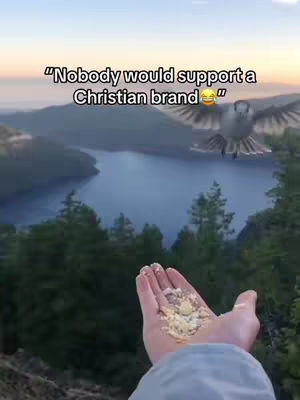A scenic shot of a lake surrounded by mountains and green trees under a clear sky. A hand, holding what appears to be birdseed, is in the foreground. A bird is in flight, above the lake.