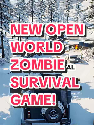 The image shows a wintery landscape, possibly from a video game.  In the foreground a vehicle is covered in snow, with the back of the vehicle facing the viewer, snow covered trees fill the background, and a large text overlay in front describes the game with a pink and white color scheme.