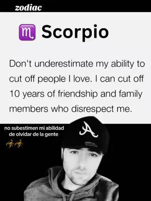A black and white image featuring a split composition. The top portion displays a text overlay against a light background, featuring the word "zodiac" at the top, followed by "Scorpio" in bold font. Below, a text describing the sign's traits is provided. The bottom half shows a man in a black cap with a stylized white 'A' on it against a black background.
