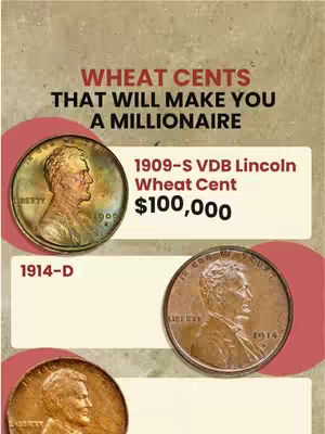 The cover image promotes an app related to coin collecting or valuation. It features three wheat pennies, with one coin displayed within a gold-colored circle against a light-brown background and text that reads 'Wheat Cents That Will Make You a Millionaire.' The image includes a section with the text '1909-S VDB Lincoln Wheat Cent $100,000.' The layout is clean, with a focus on the coins and text.