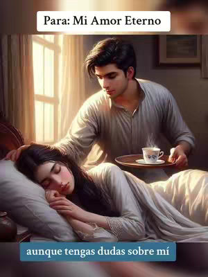 A romantic, digitally painted image shows a man tending to a sleeping woman in a bedroom. The man, wearing a light gray shirt, gently touches the woman's head. The woman, with long dark hair, lies on a bed covered with white bedding. The background features a window with sunlight, and a tray with a cup is held by the man. Text overlays are present at the top and bottom of the image.
