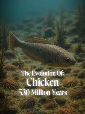 An underwater scene with a fish in the center, appearing to be an early form of a fish. The background shows a shallow seabed with plants. Overlayed text at the bottom reads, 'The Evolution Of: Chicken 530 Million Years'.