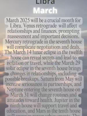 The cover image is a vertical graphic with a gradient background that blends from light to dark shades of a bluish gray. The upper portion is filled with the word Libra, written in an outlined, white font, and below that, the word March in a lighter shade of the same font. Below these words is a rectangular text-filled graphic, where the image is text describing the astrological forecast for Libra during March 2025. The text has a sans-serif font, in gray.
