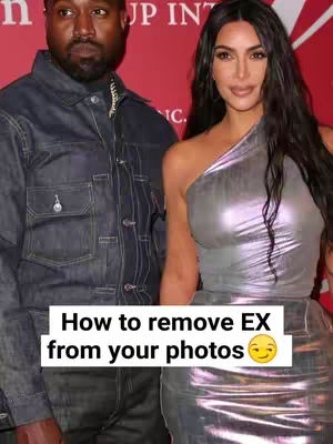 The cover image shows Kanye West and Kim Kardashian side by side in a photo. A text overlay reads, 'How to remove EX from your photos' above a smiling emoji. The background is a red wall.