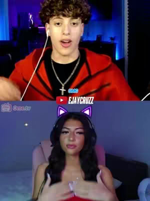The cover image is a split screen of 2 people on video calls in a purple illuminated environment; the first, a young man with curly hair, wearing a red hoodie, stares forward with his mouth open. Above him is the text "EJAYCRUZZ". The second, a female with long dark wavy hair and a cat ear headband, looks up from her seat, with the lighting seemingly from the camera.