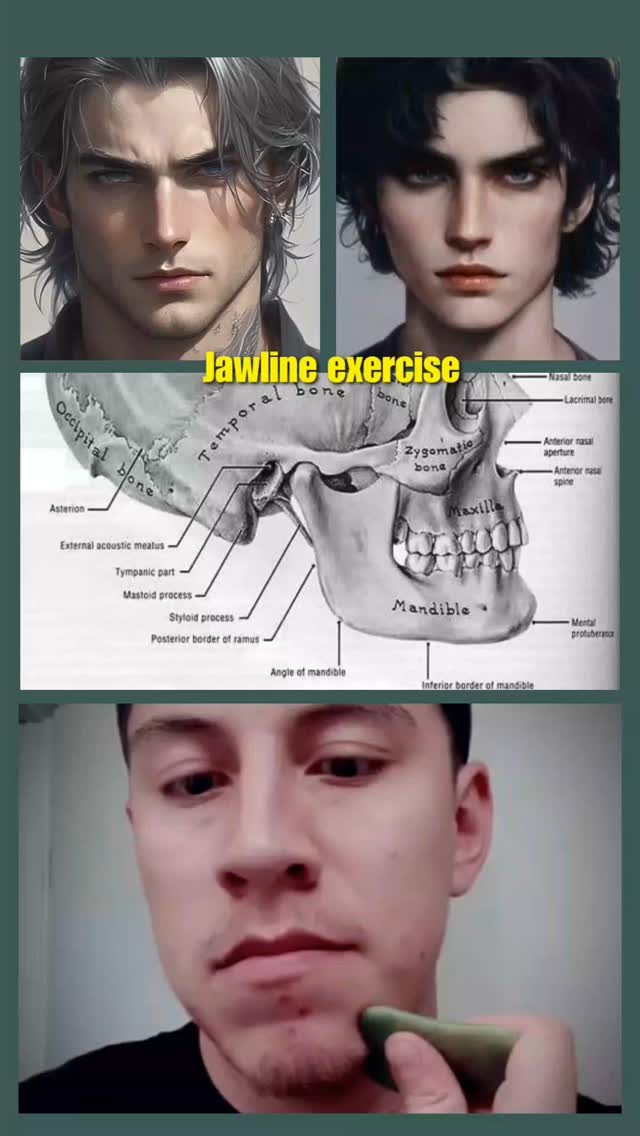 The cover image is a vertical collage featuring three main sections. The top section displays two stylized images. In the middle section, a detailed illustration of a side view of a section of the skull, depicting bones and anatomical features. The bottom section shows a person in front of a mirror, applying a jade roller to the jawline.