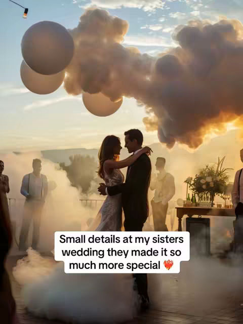 The cover image shows a wedding scene, with a bride and groom embracing in the foreground amidst a hazy, atmospheric effect created by what appears to be smoke. The couple is the primary focus, dressed in wedding attire, with the bride in a flowing gown. The background features other guests, some tables, and large, cloud-like formations in the sky, possibly balloons, set against a sunset.