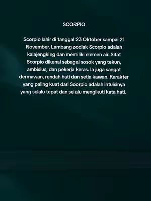 The cover image features a dark teal background with white text overlayed. The text is centered and lists "SCORPIO" followed by a paragraph regarding the traits and characteristics of the Scorpio zodiac sign in the Indonesian language.