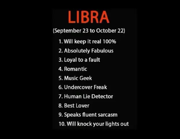 The cover image is a vertical rectangle with a black background. The word "LIBRA" is written in large, red, uppercase letters at the top. Beneath it, in smaller white font, it reads "(September 23 to October 22)." Below this, a numbered list of ten descriptive statements about Libras is provided in white font.